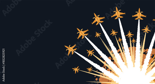 A dramatic illustration of a squadron of fighter jets performing an aerobatic maneuver with explosive smoke trails on a dark sky.