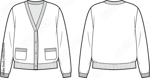 Fashion flat sketch of a button-up cardigan sweater in front and back views Keywords: cardigan, sweater, knitwear, apparel