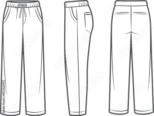 Fashion flat sketch of cropped wide leg pants front side and back views illustration drawing