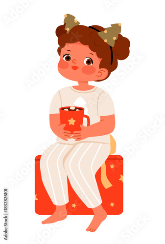 Cute Girl in Christmas Pajamas Holding Cocoa Mug. Adorable cartoon girl in festive clothes and holiday headband sitting on a gift box, holding a mug of hot chocolate with marshmallows.