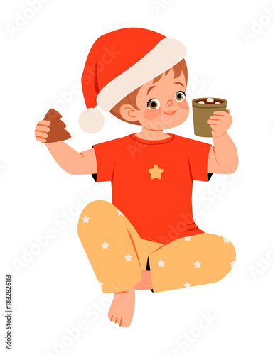 Smiling Child in Santa Hat with Cocoa and Cookie. Cartoon child in festive pajamas, enjoying hot cocoa and a tree shaped cookie, perfect for Christmas themes.
