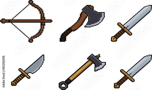 Pixel art vector set of medieval weapons: includes sword, axe, knife, and crossbow, perfect for retro gaming, fantasy, and role-playing design