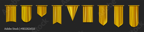 Gold pennant flags mockup, blank golden banners