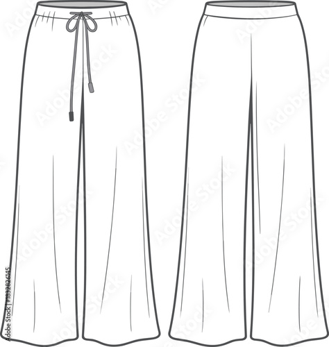 Fashion flat sketch of wide leg culottes pants front and back views illustration drawing