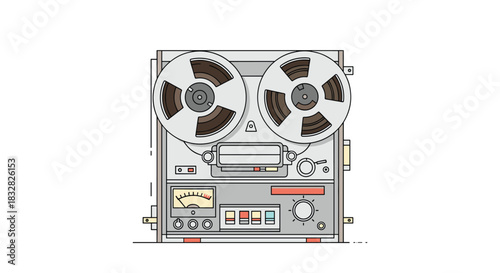 A detailed flat line illustration of a vintage reel-to-reel tape recorder a classic piece of retro audio equipment.