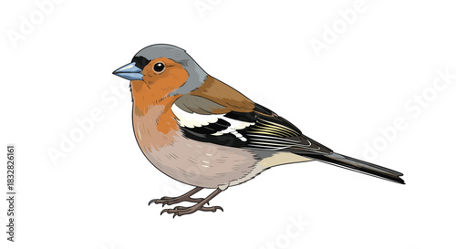 A beautifully detailed and colored illustration of a common chaffinch a small passerine bird isolated on a white background.