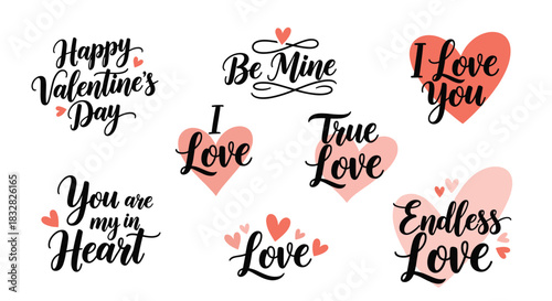 A lovely collection of Valentine's Day calligraphic phrases and love quotes with pink hearts for romantic greeting cards.
