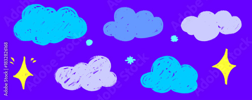 A whimsical illustration of cloud forms with pastel gradients and bold crayon texture, glowing with small star motifs. Pastel colors, cloud shapes, crayon lines and star details create a soft doodle s