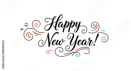 A charming and festive 'Happy New Year' greeting with elegant calligraphy and colorful decorative swirls on a white background.