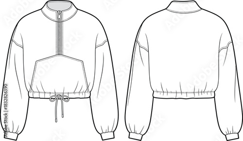 Front and back view of a white cropped quarter zip sweatshirt with drawstring pullover hoodie