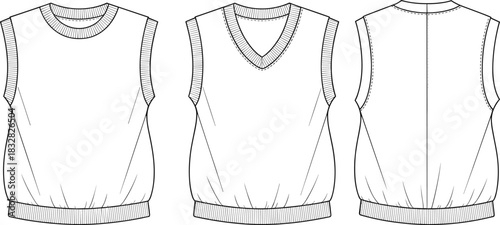 Front and back view of a white sleeveless sweater vest with V-neck and ribbed hem knitwear clothing