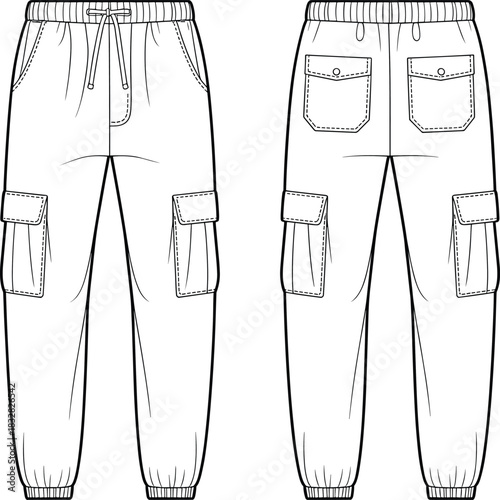 Front and back view of black cargo pants with drawstring and multiple pockets trousers clothing
