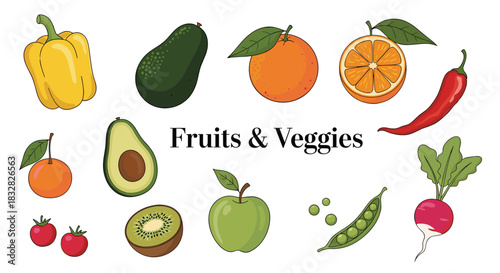 A fresh and healthy collection of colorful hand-drawn fruits and veggies including avocado orange apple and bell pepper.