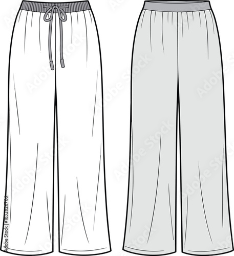Front and back view of wide-leg pants with elastic waistband and drawstring trousers culottes