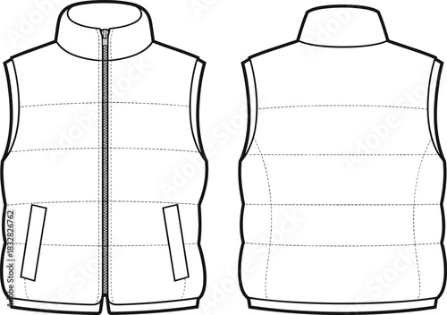 Front and Back Views of a Padded Zip Up Vest with Pockets puffer vest sleeveless jacket