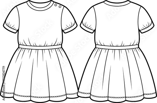 Front and Back Views of a Short Sleeve Dress with Button Shoulder Detail front view clothing