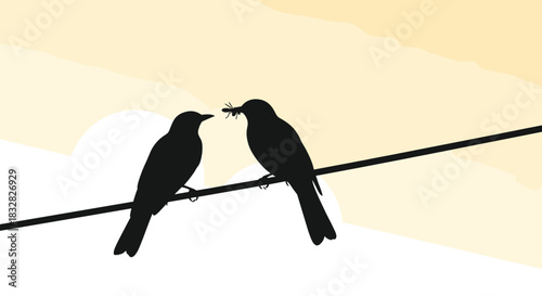 A beautiful silhouette of one bird feeding an insect to another as they perch together on a wire against a warm sunset sky.