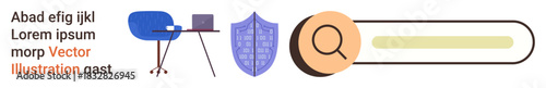 Office organization, cybersecurity, research, search functionality, online access, data protection. Desk setup with a laptop, shield icon and search bar. Cybersecurity and research
