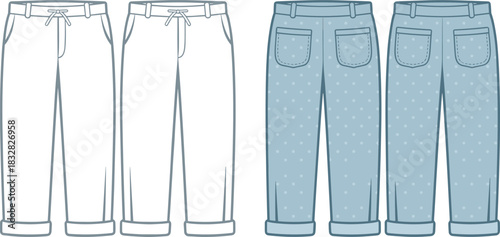 Front and back views of light blue polka dot pajama pants and outline of plain pants lounge pants sleepwear