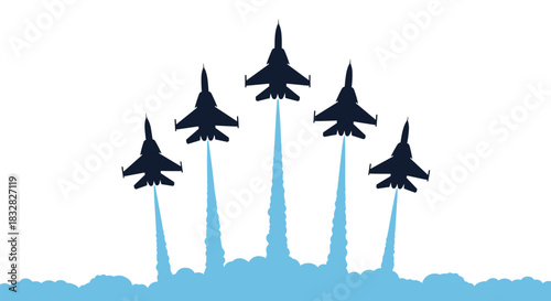 Five fighter jets performing an aerobatic maneuver flying vertically upwards leaving blue smoke trails from a cloud base at an airshow.