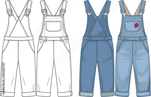 Kids denim overalls front and back views line art and colored illustration children dungarees