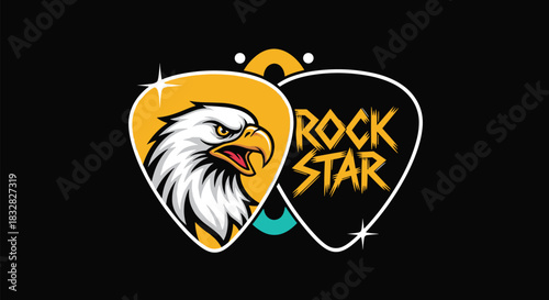 A cool rock and roll music emblem featuring a fierce eagle head and 'Rock Star' text on two guitar picks against a black background.