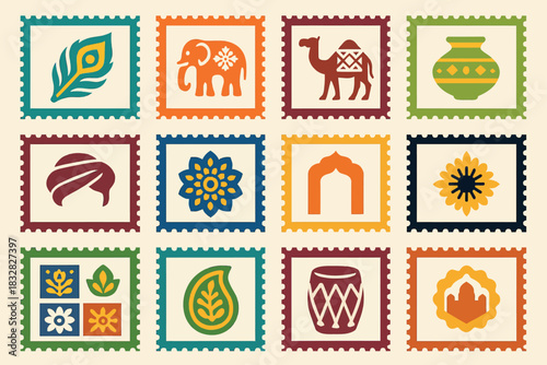 Rajasthan Cultural Stamp Icon Set with Traditional Folk Motifs