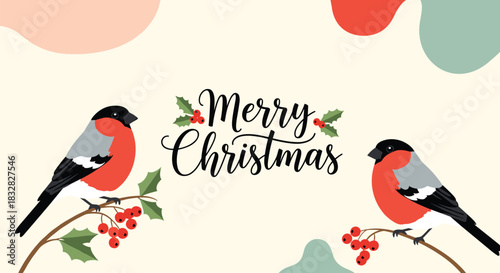 A charming 'Merry Christmas' greeting card featuring two bullfinch birds perched on holly branches against a soft abstract background.