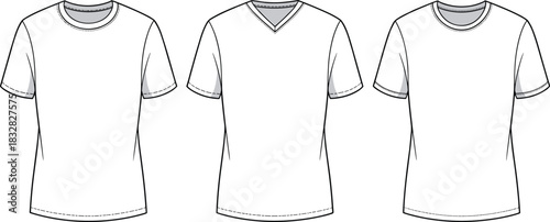 Three white short-sleeved t-shirts with different necklines and stitched details tee shirt clothing