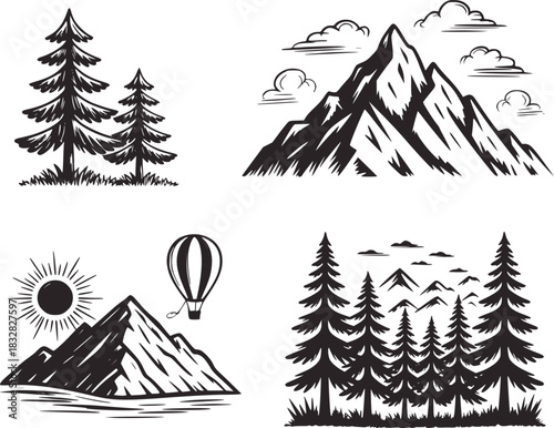 Black and white illustrations of mountains trees and hot air balloon