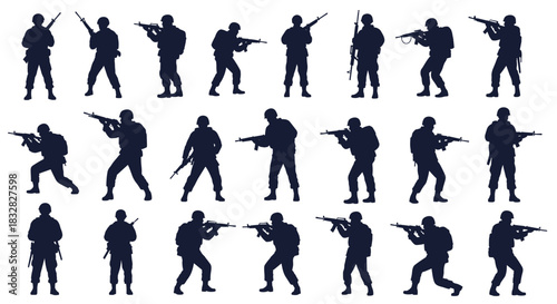 A comprehensive set of black silhouettes of soldiers in various combat stances and positions with different types of rifles and gear.