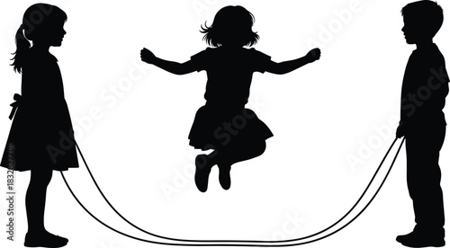 Three children silhouettes playing jump rope on a white background kids