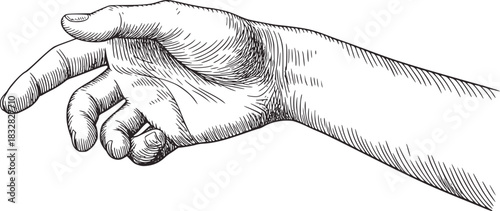 Black and white line drawing of a human hand pointing