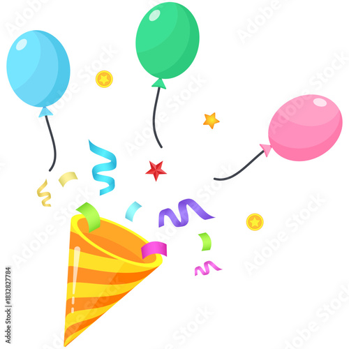 Party Popper Icon with Confetti and Balloons