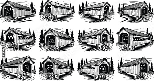Twelve Black and White Woodcut Style Illustrations of Covered Bridges in Forest Settings