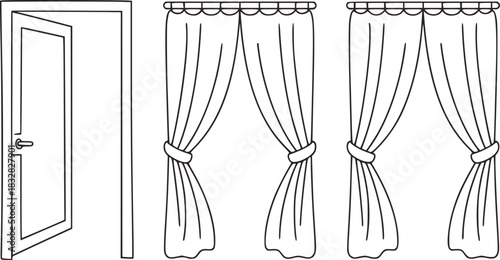 Black and white line drawing of an open door and two sets of curtains