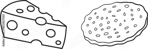 Black and white line drawing of cheese wedge and cracker