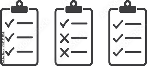 Minimalist vector set of clipboard icons featuring checklists, checkmarks, and X marks, symbolizing tasks, surveys, voting, and organization concepts