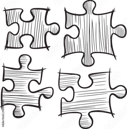Black and white sketch of four puzzle pieces jigsaw