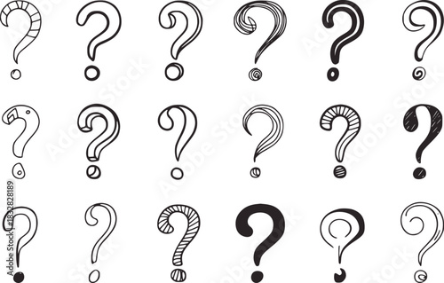 Collection of hand drawn question marks with various patterns