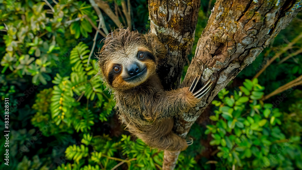 Obraz premium Brown Sloth Climbing Tree Trunk in Jungle. Happy Mammal, Tropical Forest.