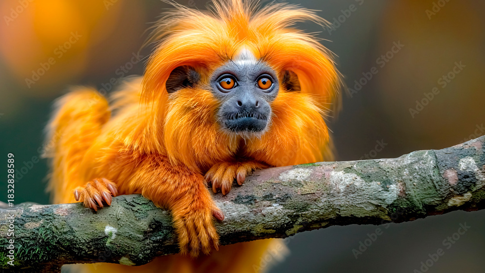 Fototapeta premium Golden Lion Tamarin Sitting on Log. Orange Monkey, Brazilian Wildlife.