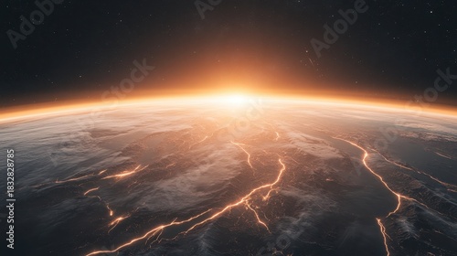 Vibrant planet horizon with bright light rising from orbit. Glowing cosmic energy patterns spread across the virtual global landscape. Future network connection concept.