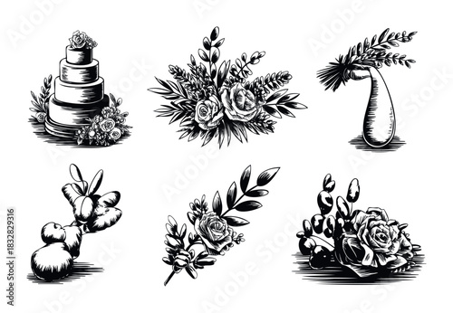Set of handdrawn botanical floral wedding elements including cake and bouquet arrangements for invitations and event decor.
