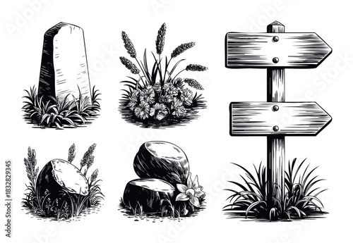 Vintage ink drawings of natural elements like stones, flowers, and a wooden signpost for outdoor adventure or rustic themes.