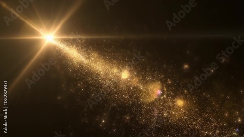 メガブライトなシャンパンフレアが上方向へ勢いよく走り、背後から強烈なスパークダストが噴き上がるダイナミックな映像です。