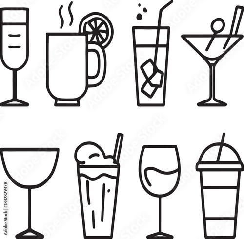 Beverage Glassware Line Art Icons Collection
