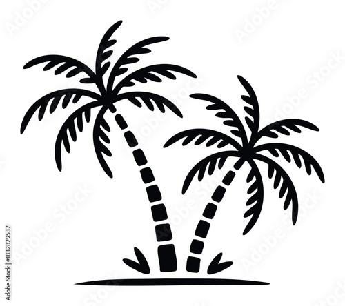 Two stylized black palm trees with segmented trunks and fronds represent a tropical vacation concept suitable for travel marketing and summer themes.