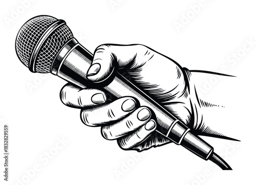 Closeup black and white sketch of a hand holding a microphone, perfect for music events, podcasts, and public speaking promotions.