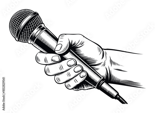 Black and white sketch of a hand firmly holding a microphone, symbolizing communication, performance, and public speaking, perfect for media and eventrelated content.